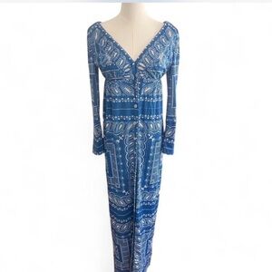 Blue Paisley Long Sleeve V-Neck Maxi Dress